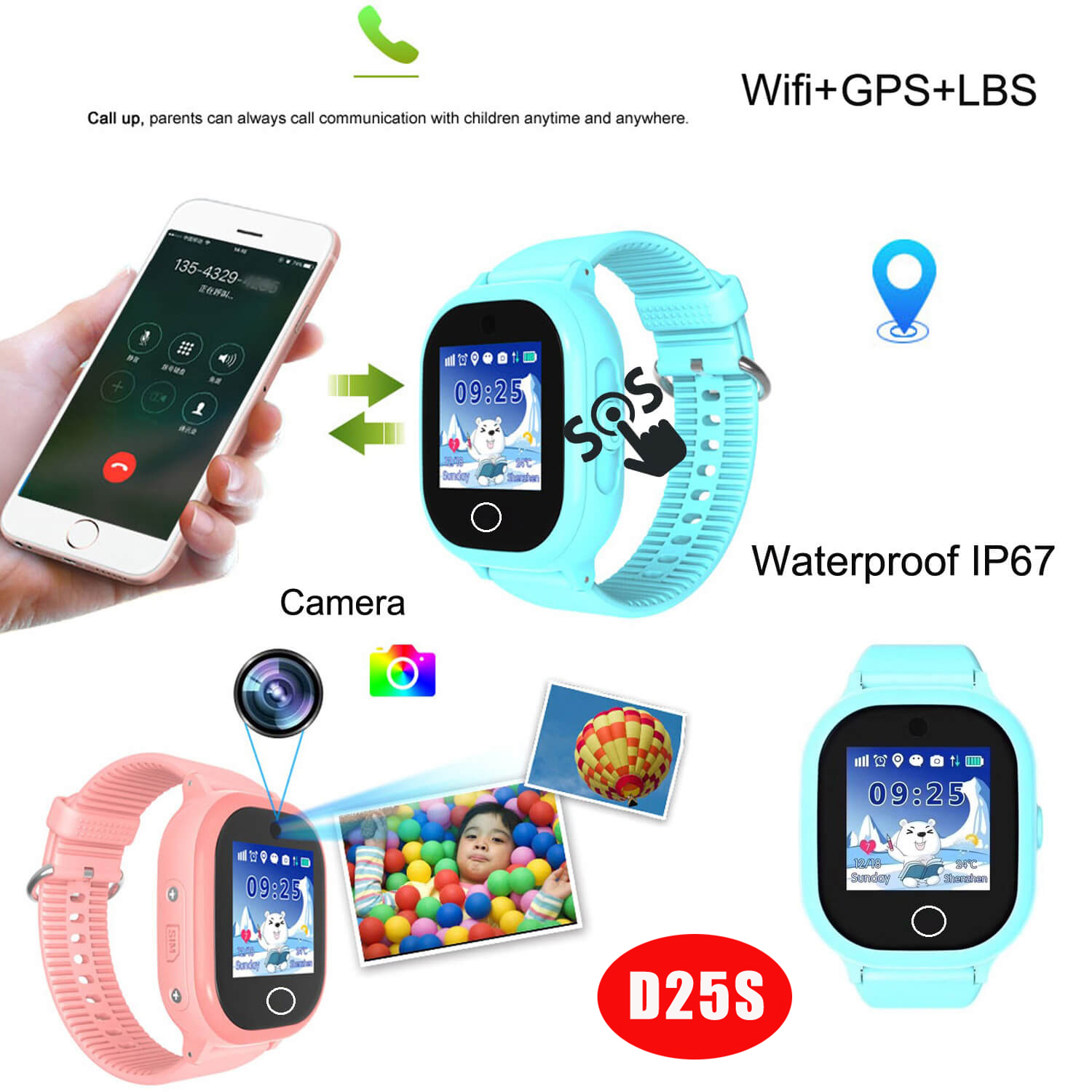 High Quality 2G IP67 Waterproof Kids Security GPS Tracker Watch 