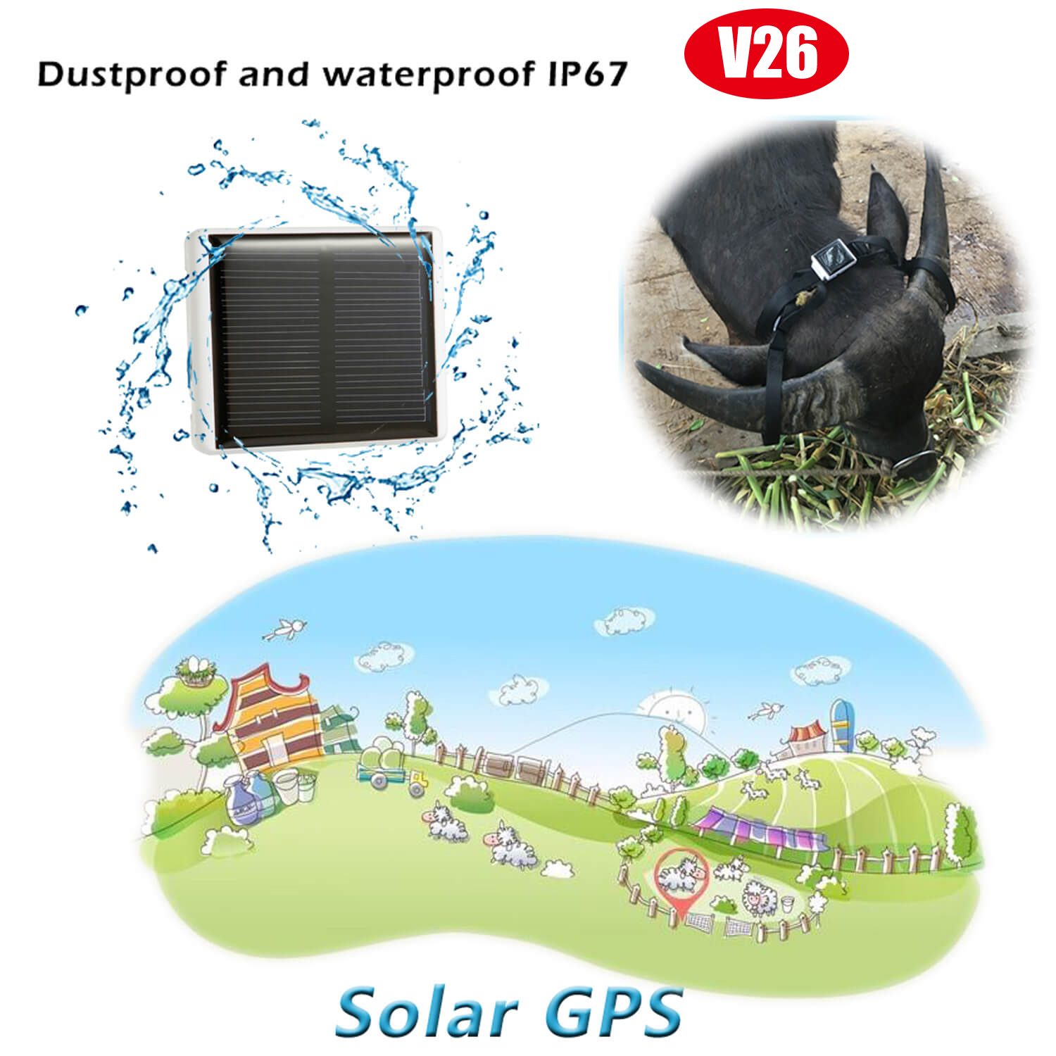 Best GSM Solar Powered Pets Animal GPS Tracker with IP67 Waterproof for Long Battery Life V26