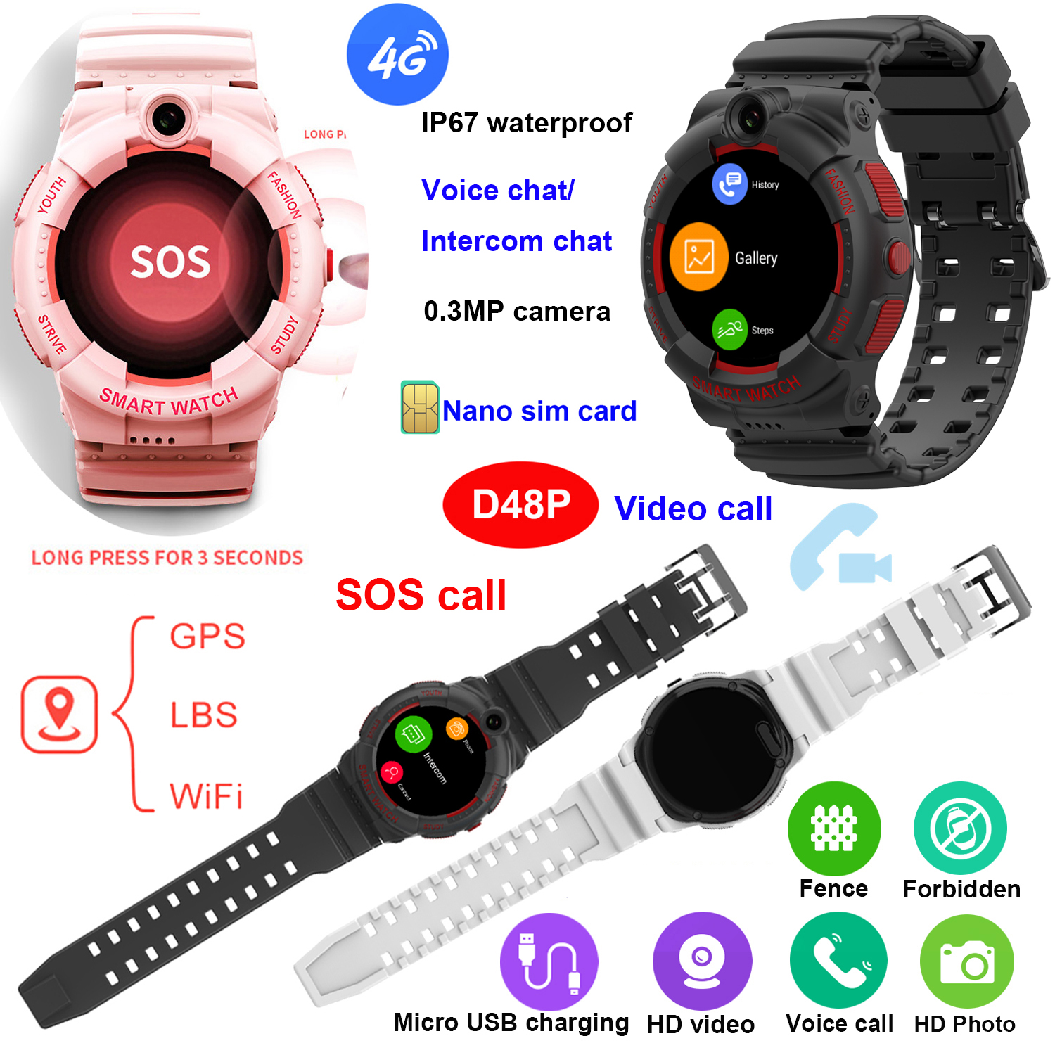 LTE IP67 Waterproof Smart Safety GPS Tracker Watch for Child D48P