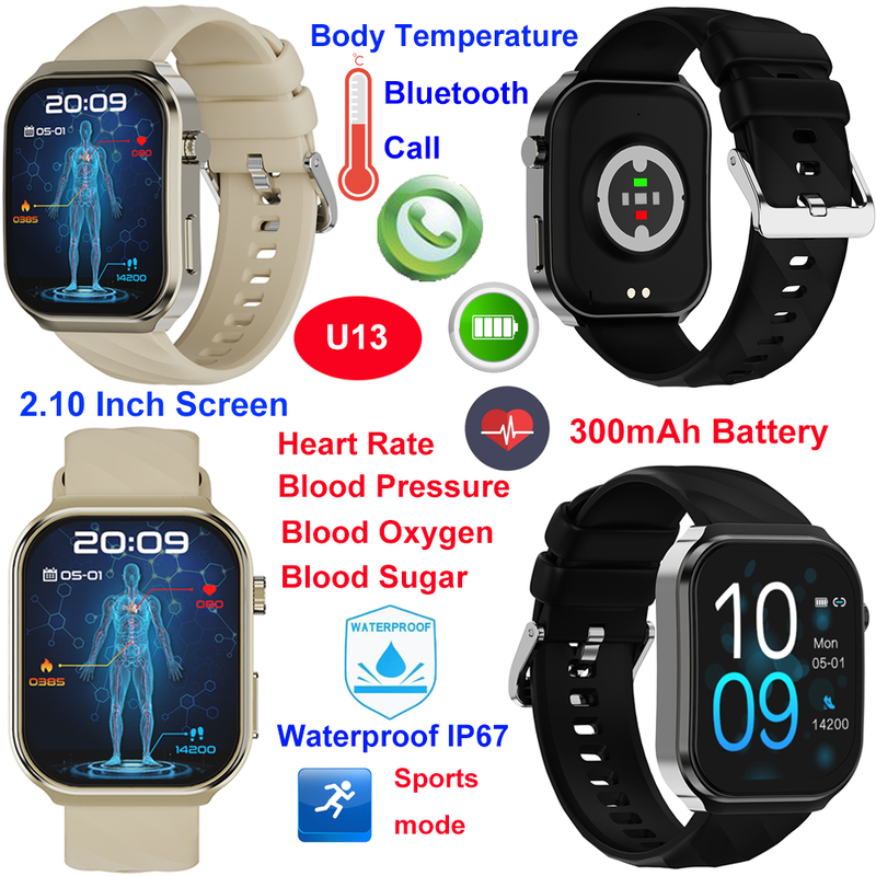 Fashion smart bluetooth watch with HR BP SPO2 blood sugar monitor U13