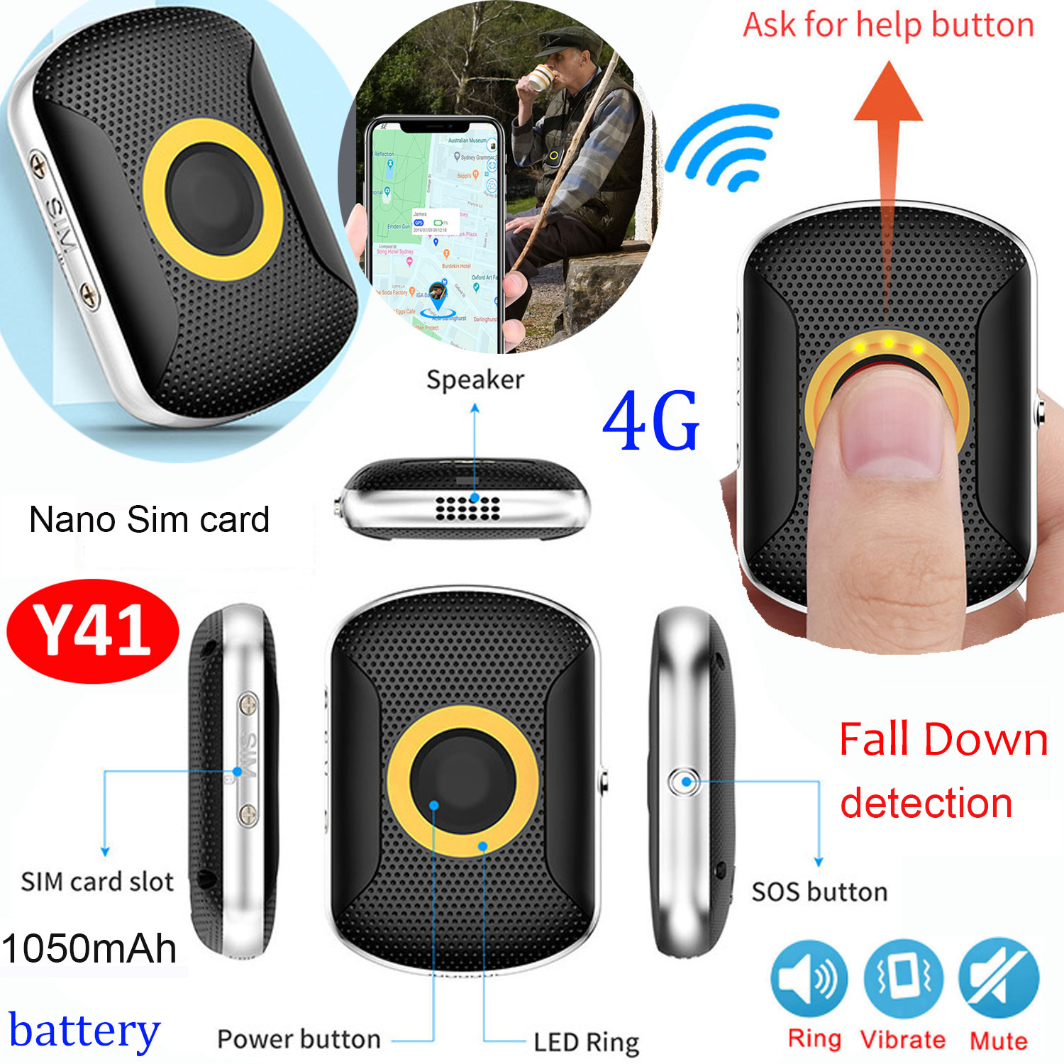 China Factory Cheap 4G IP67 Waterproof Fall Down Alert Mini Smart Tracking Tracker GPS with Real-Time Google Map Positioning Y41