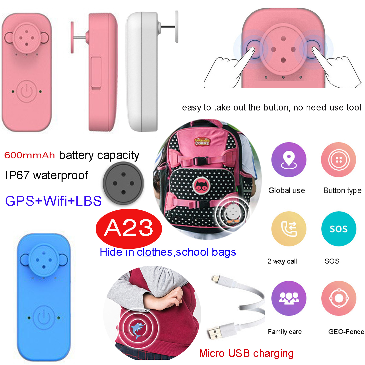 New 2G Hidden Mini GPS Tracker with SOS button for Child