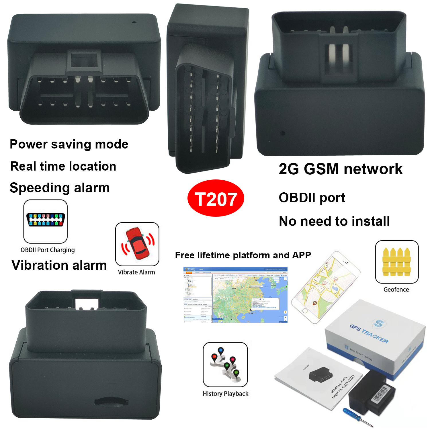 2G OBDII Vehicle Locator Car GPS Tracker with Power Saving Mode T207