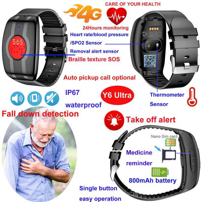 4G thermometer Elderly GPS Tracker bracelet with Fall down alert Y6 Ultra