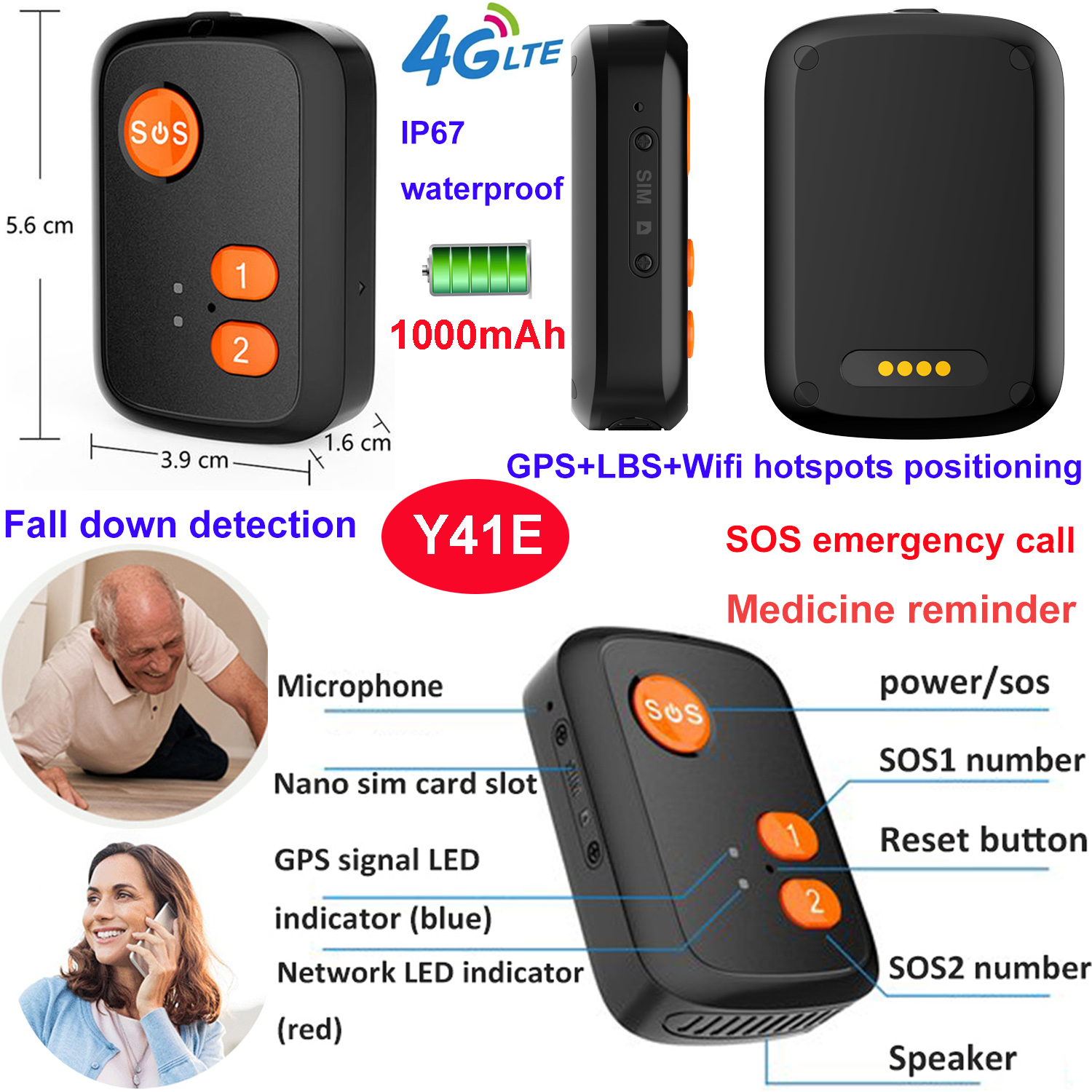 4G Waterproof tiny GPS Tracking device with fall down alert Y41E