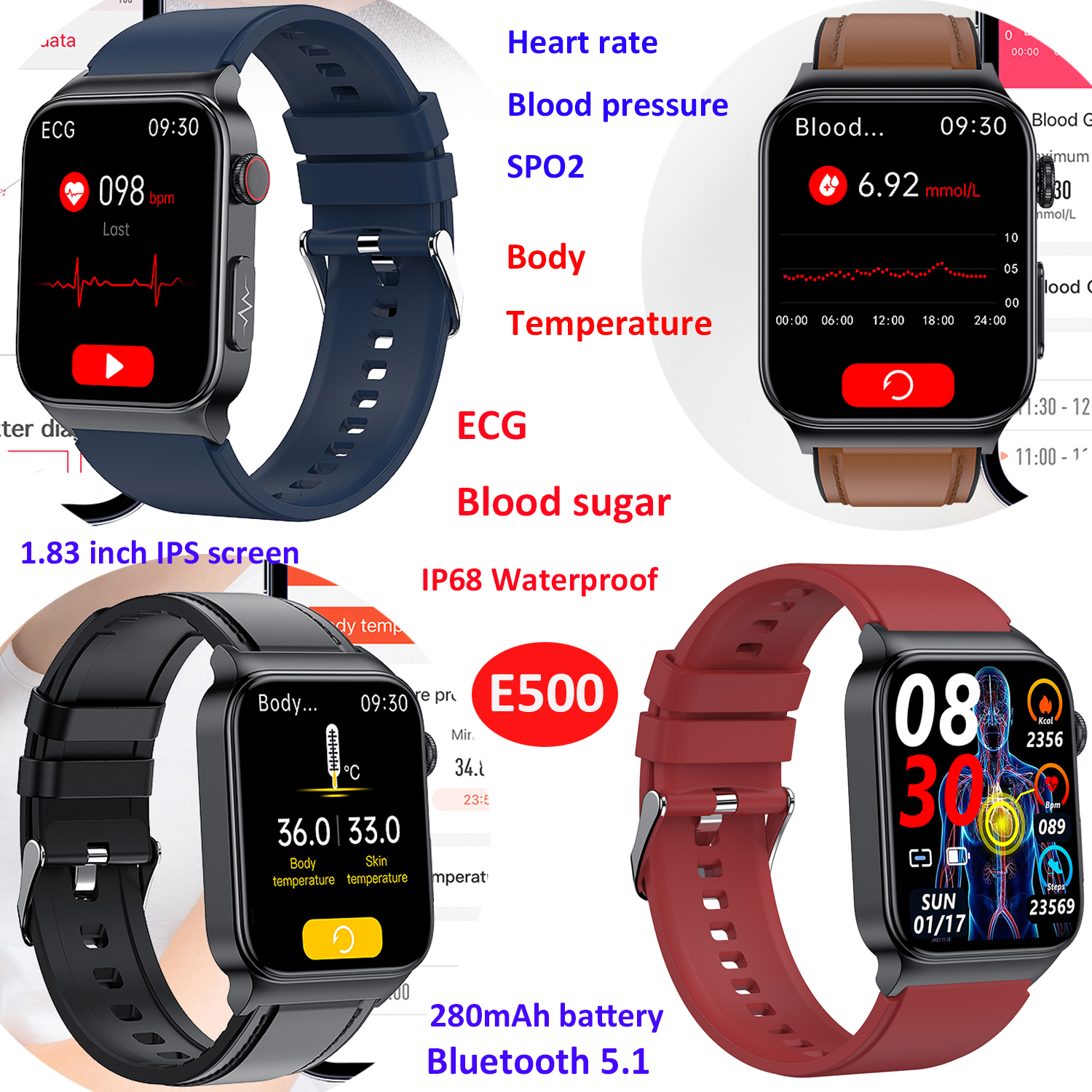 Body temperature Blood sugar waterproof ECG Smart bluetooth Watch 