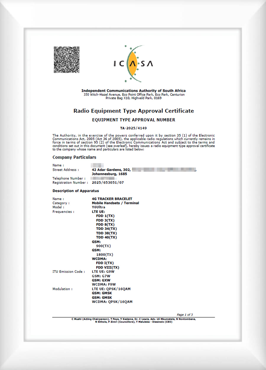 South Africa ICASA Certificate