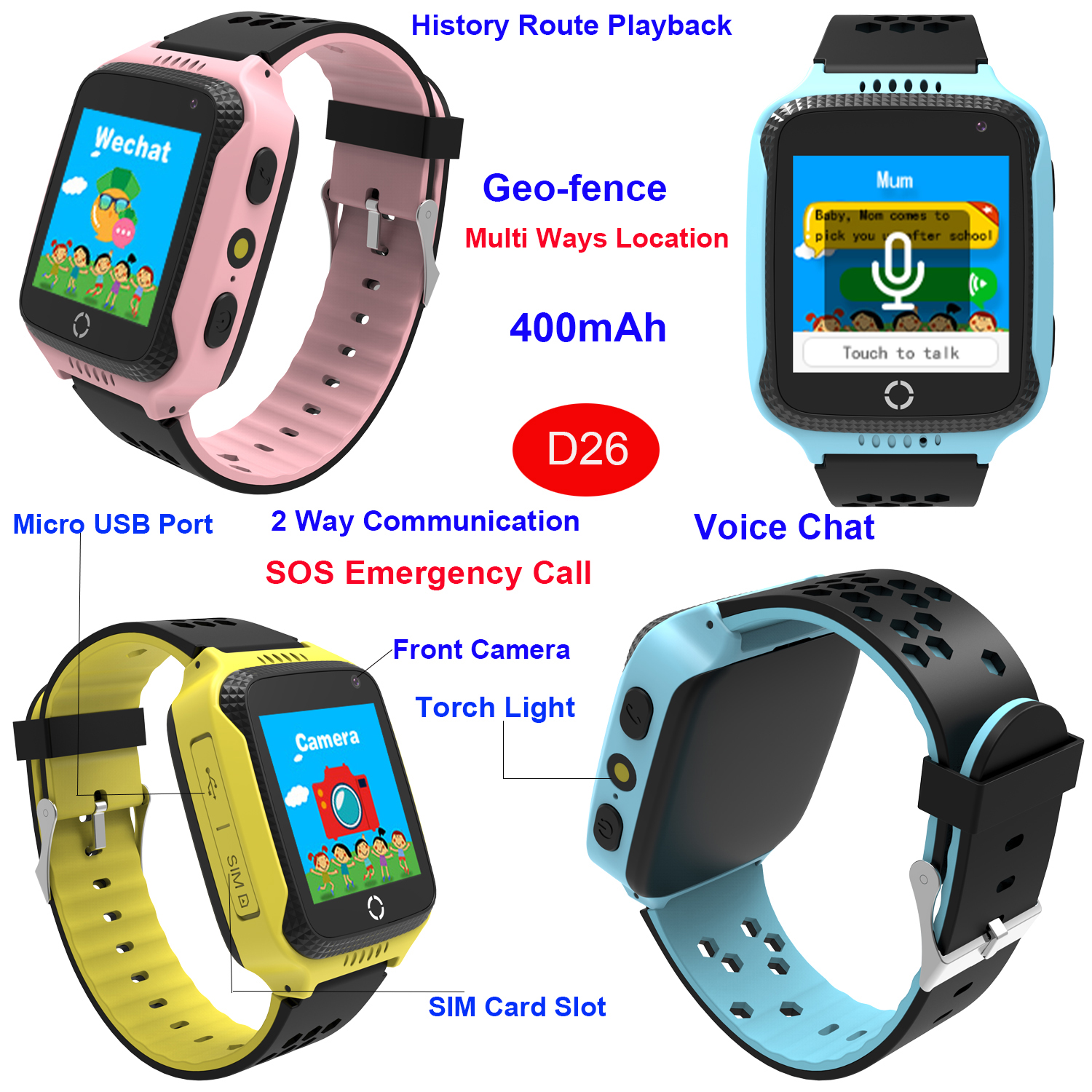 China manufacturer Christmas gift kids security parental control GPS Tracker Smart Watch with Camera and torch light (D26)