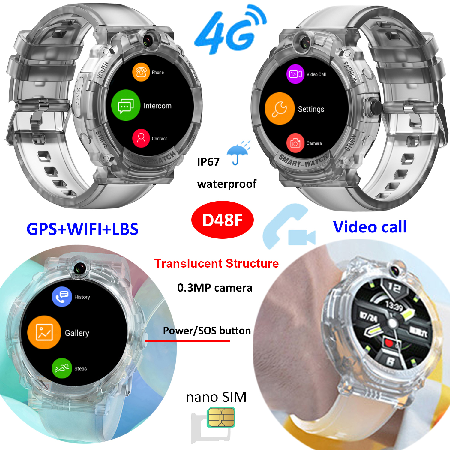 IP67 waterproof LTE translucent Color Kids Smart GPS watch tracker 