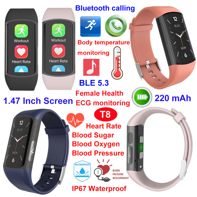 The latest IP67 waterproof mobile smart watch for healthcare monitoring T8