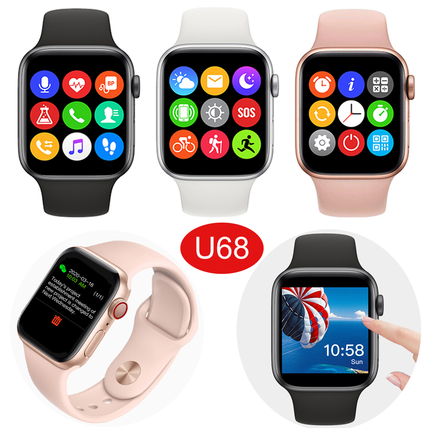 1.54 Inch High Quality Colorful Touch Screen U68 Smart Watch with Bt Call