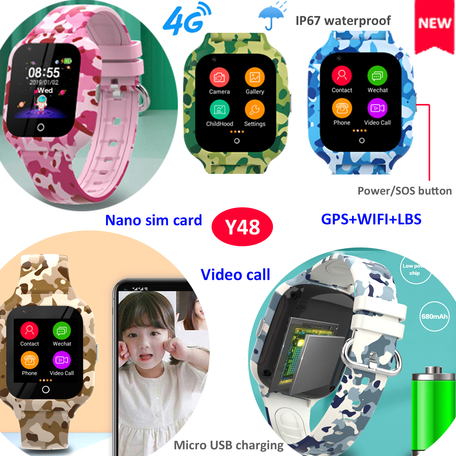 Cheap New Arrival IP67 waterproof 4G Children GPS Watch Tracker with Block unknown numbers video call for Kids Safety Y48