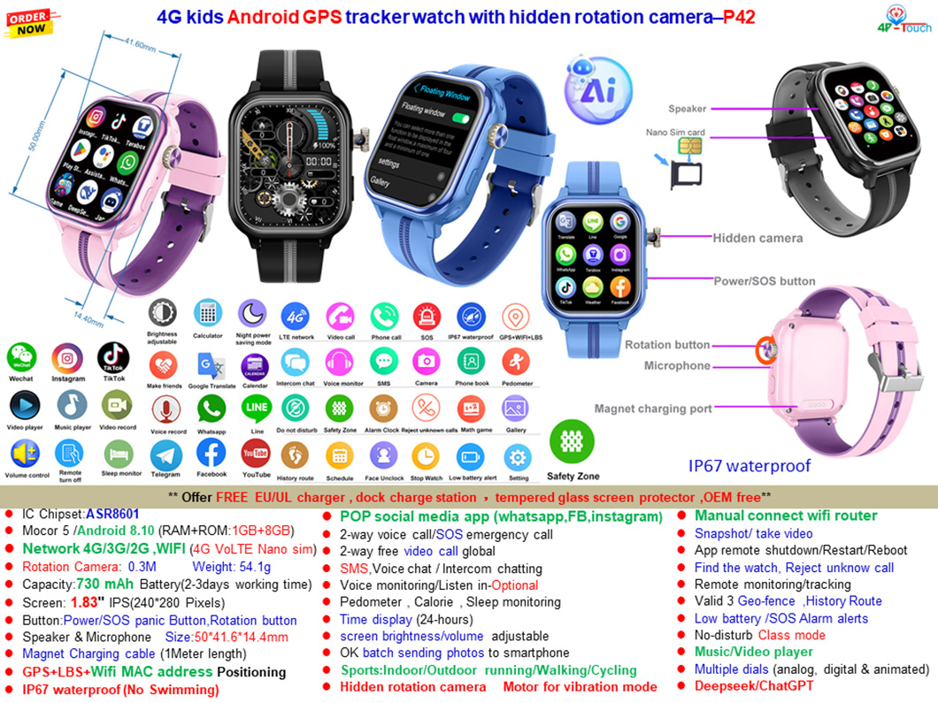 AI Hidden Camera 4G Kids GPS Watch P42