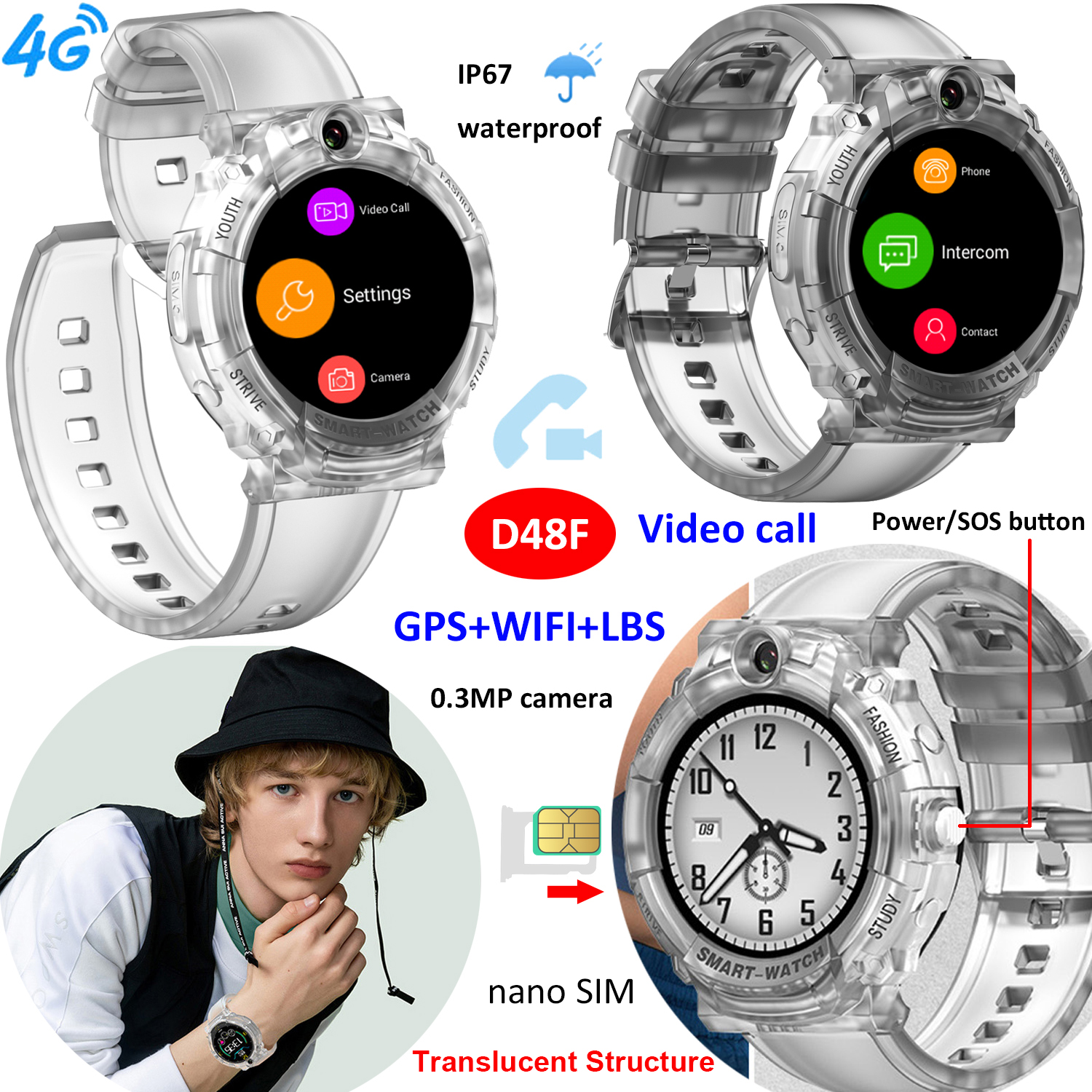 4G waterproof transparent Color Kids Tracker watch GPS Tracking device 