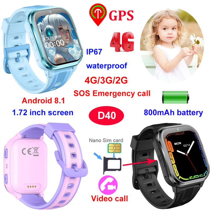 4G radian screen kids GPS tracker parental control watch D40