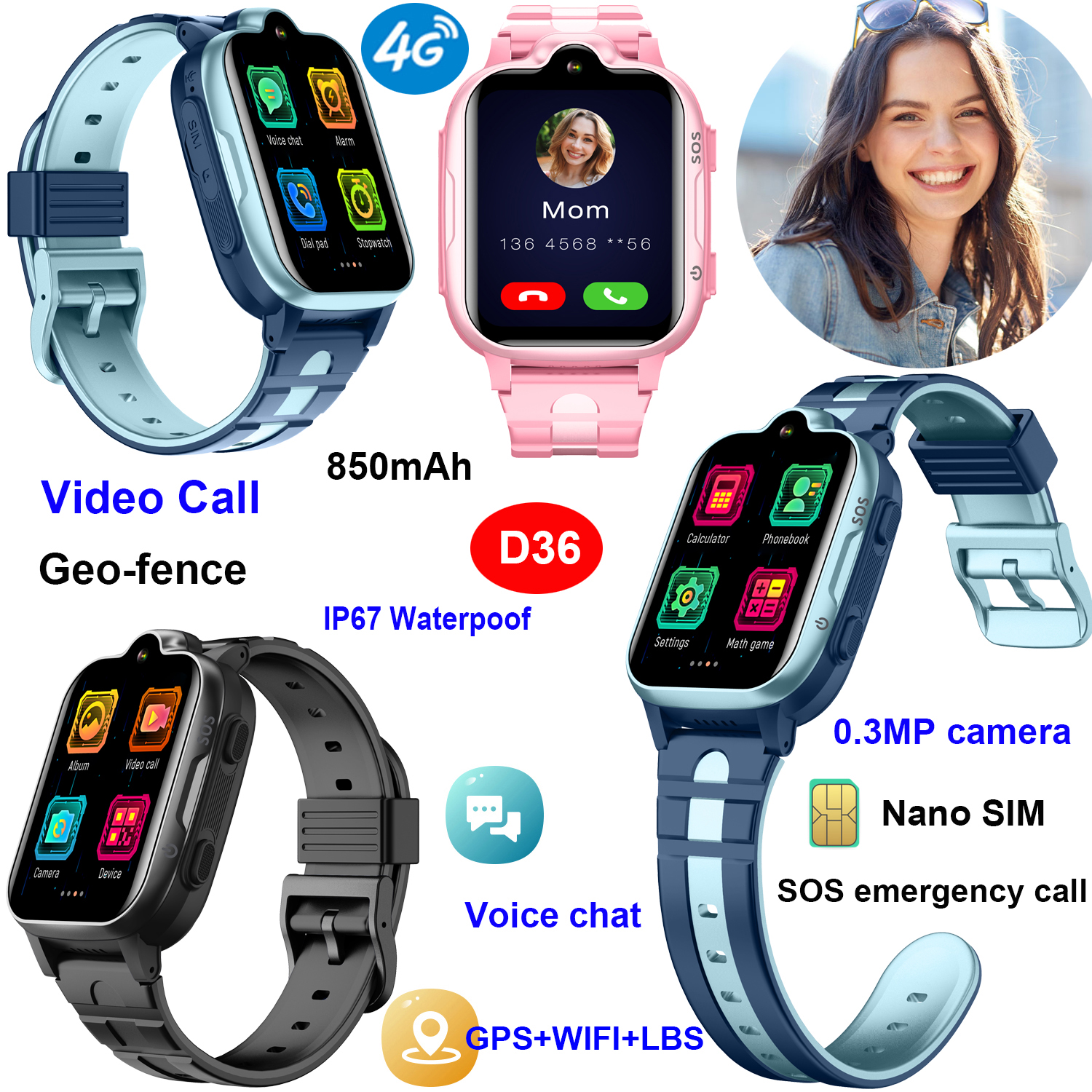 New Developed IP67 Waterproof LTE Video Call Hidden GPS Kids Smart Tracker Watch with SOS Calling Live Map Monitoring D36