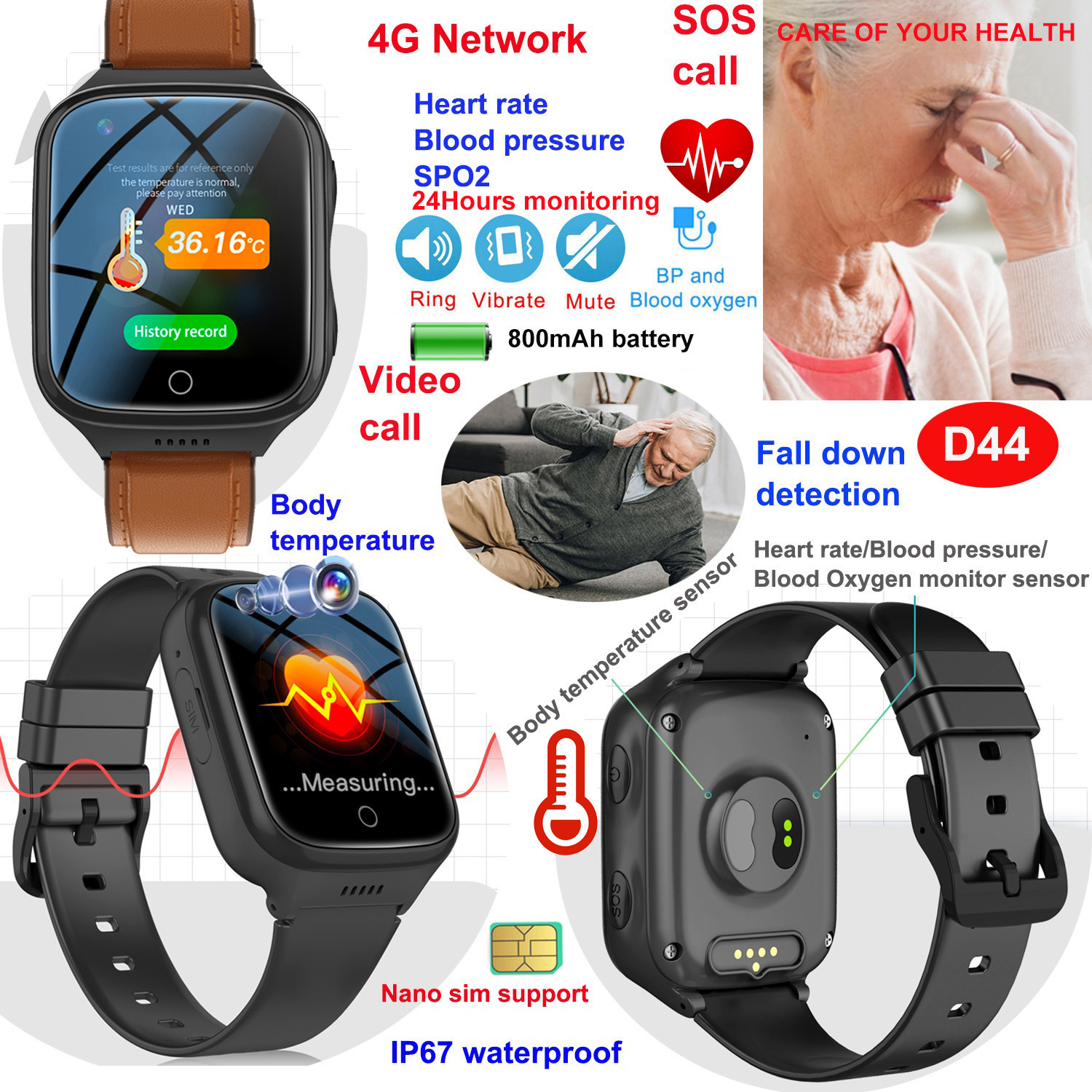 LTE Waterproof Senior GPS Tracker Watch with Fall Down Thermometer D44